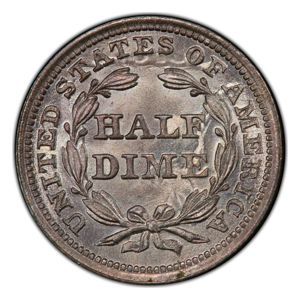 Same small silver five-cent coin: HALF DIME within the wreath.