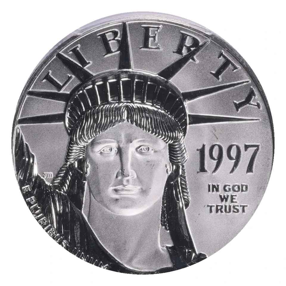 1997 one-ounce Platinum Eagle obverse: original Statue of Liberty portrait and first-year date.