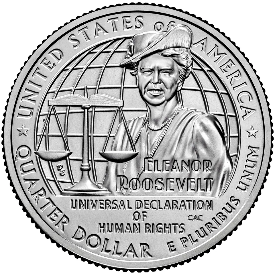 2023 Eleanor Roosevelt quarter reverse: Roosevelt appears with scales and a globe.