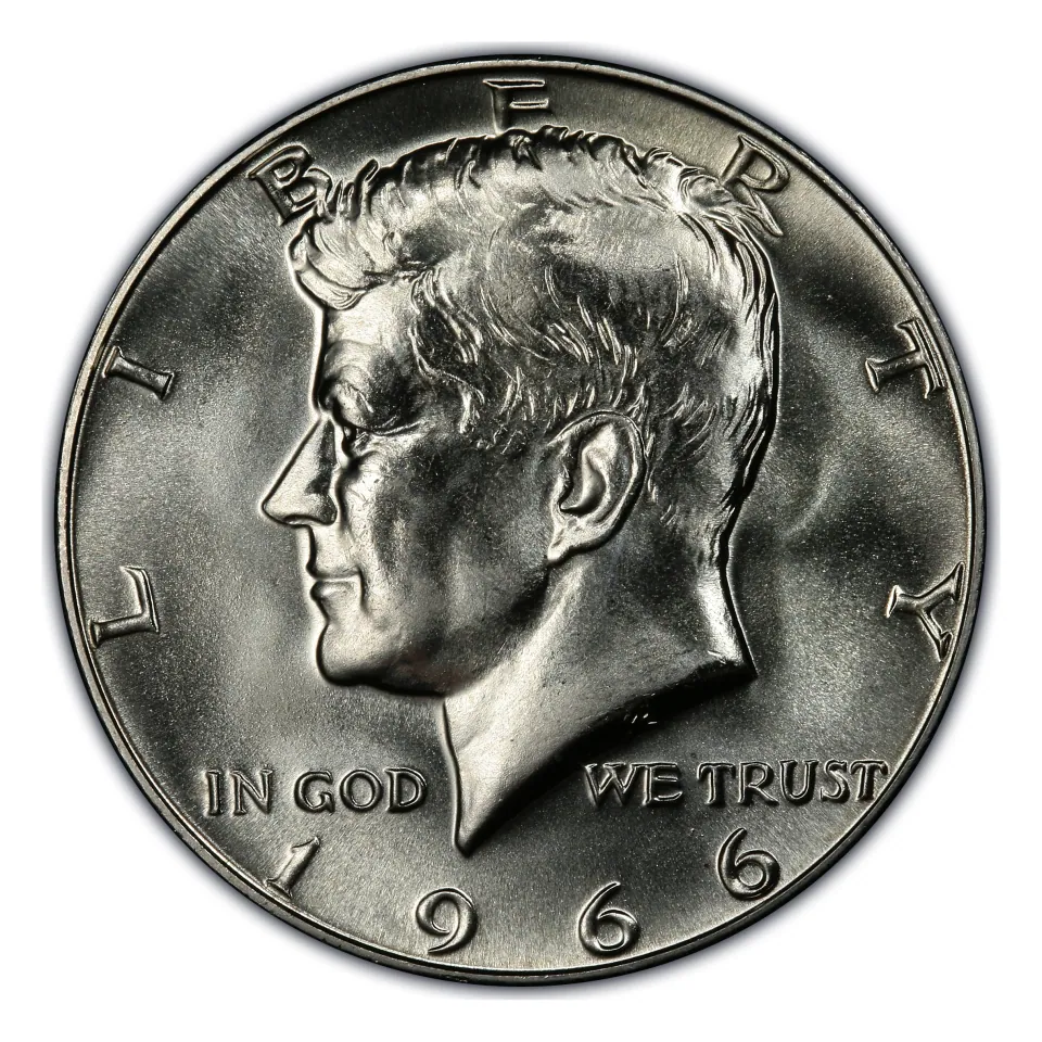 1966 regular-strike obverse: Kennedy’s portrait and the date; no letter is expected.