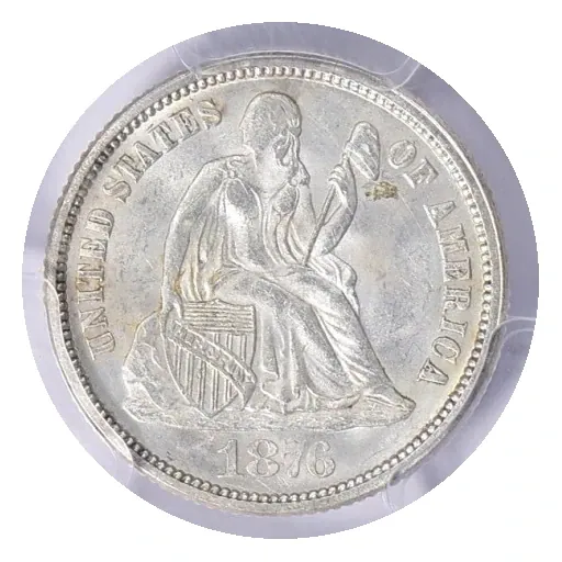 1876 Philadelphia Seated Liberty dime obverse: seated figure, country legend and date without arrows.