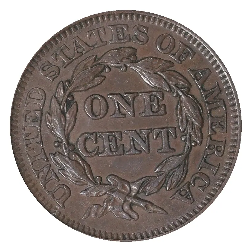 Same 1851 reverse: ONE CENT and the wreath identify the denomination; natural copper surfaces remain visible.