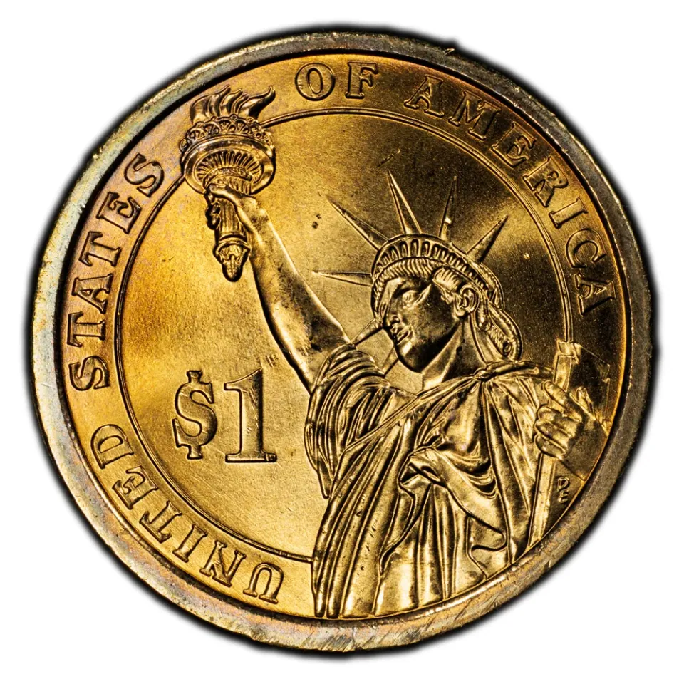 Same coin · reverse: The Statue of Liberty and $1 establish the denomination.