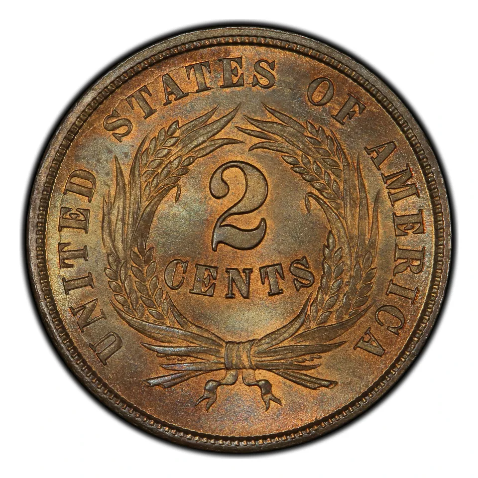 Same bronze two-cent piece: 2 CENTS inside the wreath.