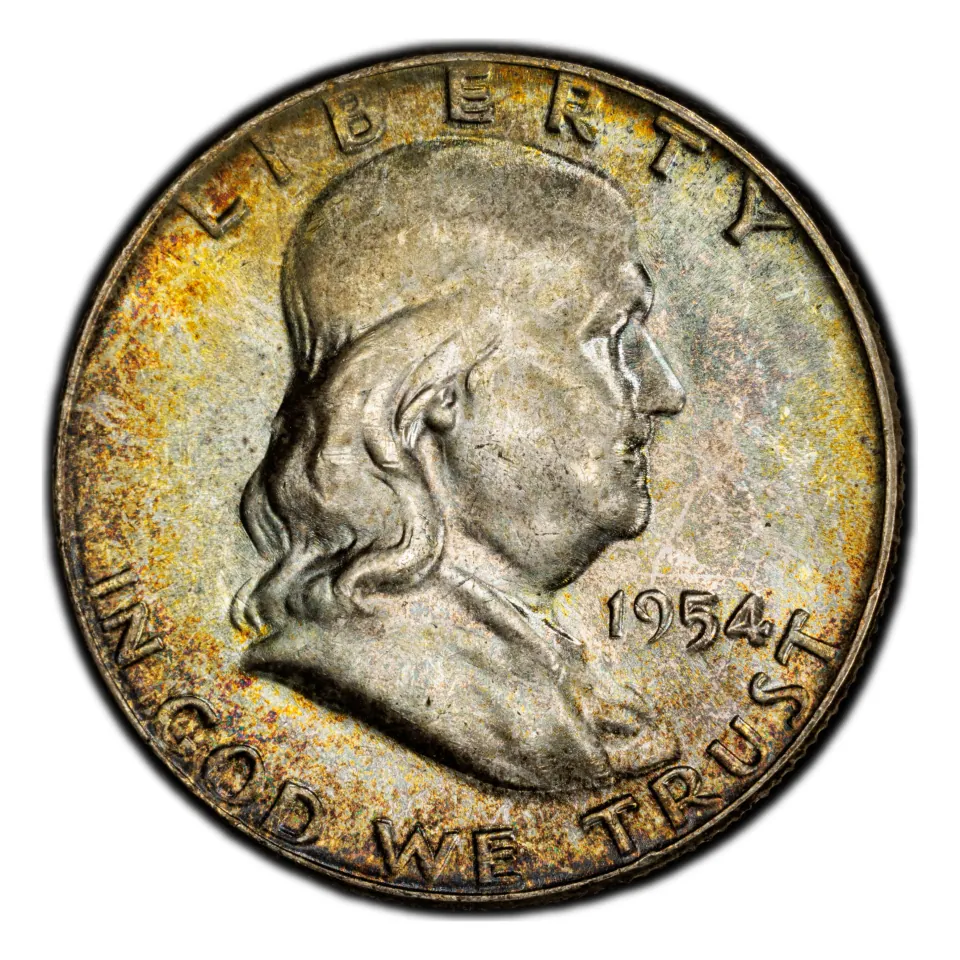 1954 Philadelphia Franklin half dollar: portrait and date.