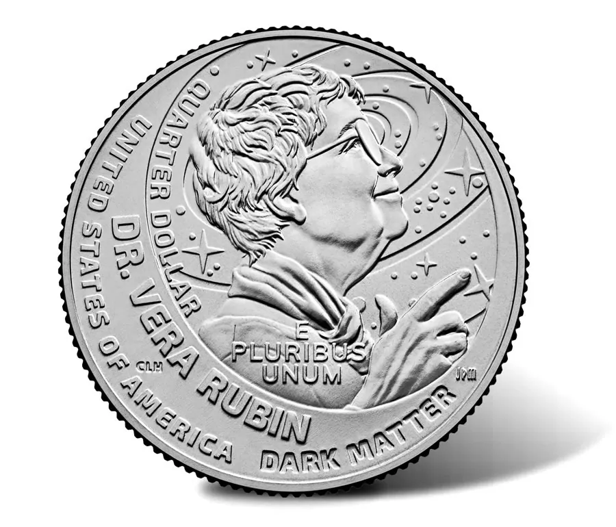 2025 Dr. Vera Rubin quarter reverse: Rubin’s profile is surrounded by a spiral galaxy.