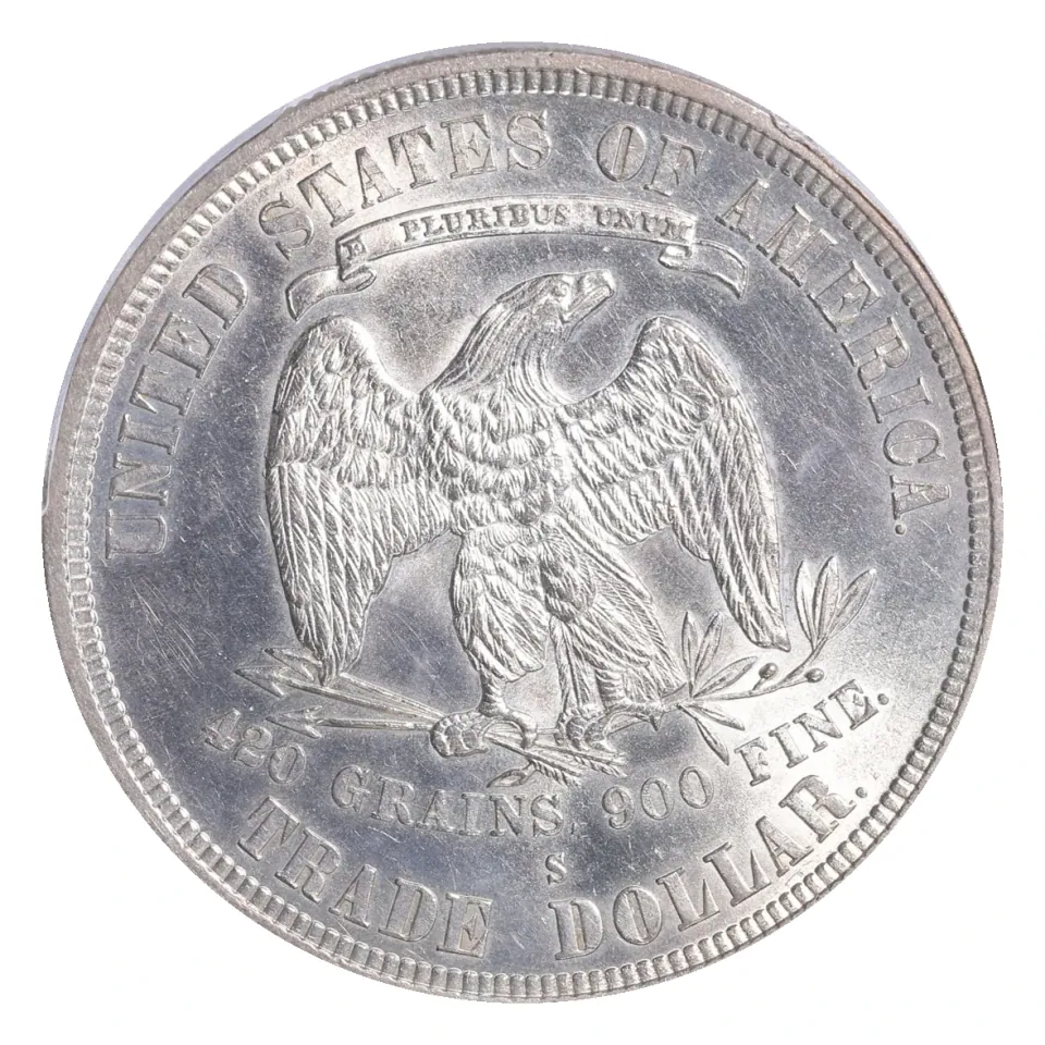 Same 1877-S reverse: eagle, 420 GRAINS 900 FINE inscription and S mint mark.