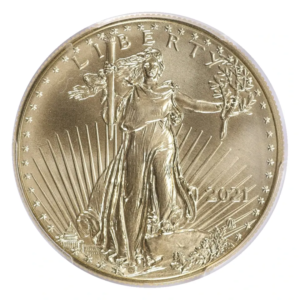 2021 Type 2 one-ounce American Gold Eagle obverse: Liberty, the date and full rim.