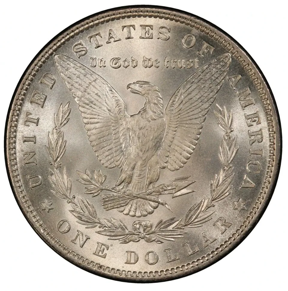 Same 1879 coin · reverse: The space below the wreath has no mint mark.