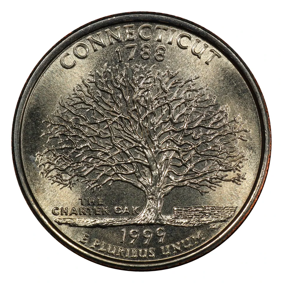 1999 Connecticut reverse: Charter Oak and the 1999 issue date.
