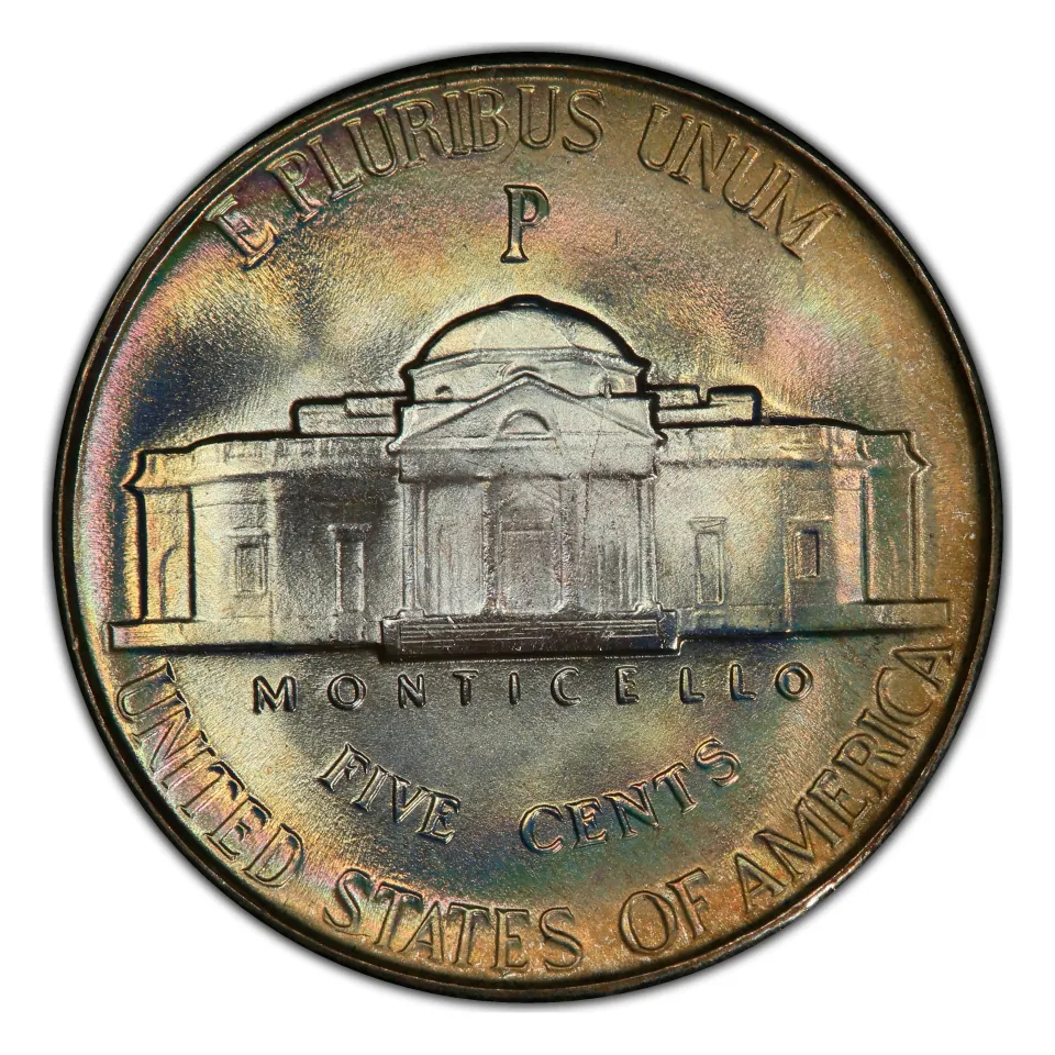 1943-P war nickel reverse: the large P is above Monticello, not beside it.