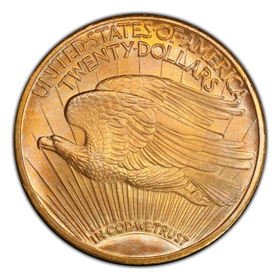 1924 Saint-Gaudens reverse: an eagle flies above rays of sunlight.