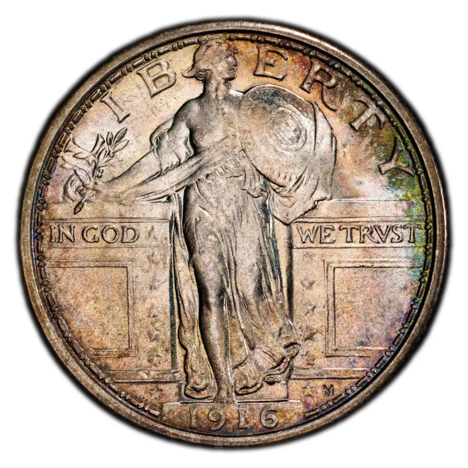 1916 · obverse: The date sits on the raised pedestal beneath Liberty.