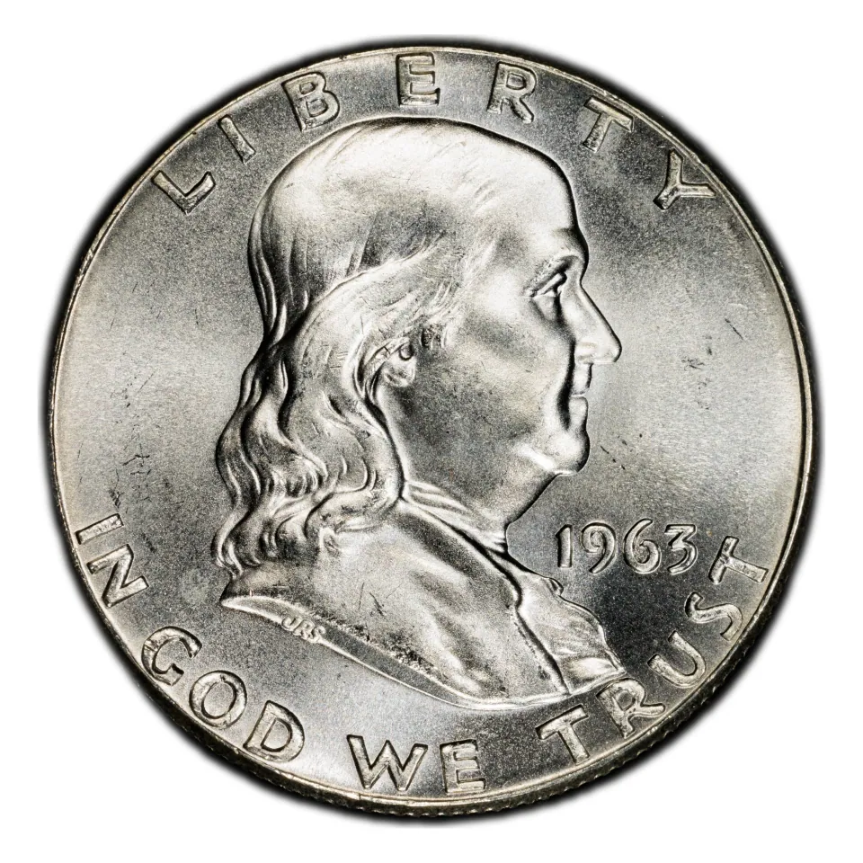 1963 Franklin obverse: Benjamin Franklin’s profile and the final series date.