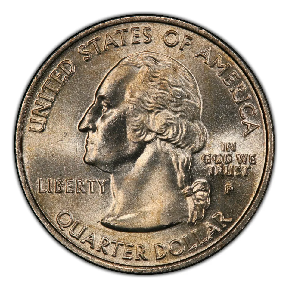 2007-P Wyoming quarter obverse: the P mint letter is beside Washington.