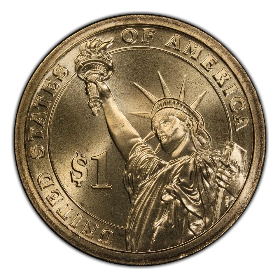 Same coin’s Statue of Liberty reverse: the date and mint mark are on the edge rather than either face.
