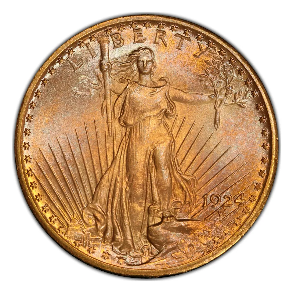 1924 Saint-Gaudens double eagle obverse: full-length Liberty with torch and olive branch.