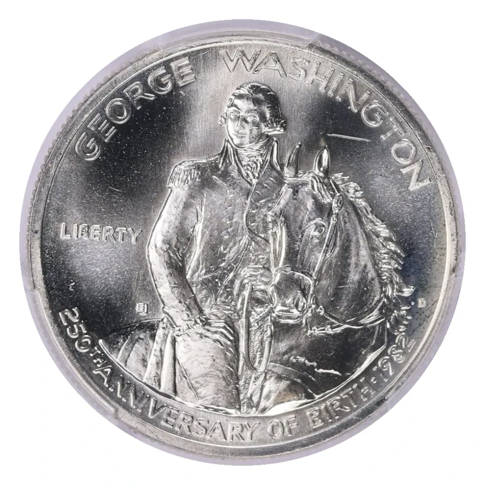 1982-D Washington anniversary half obverse: modern silver commemorative, distinct from a Washington quarter.