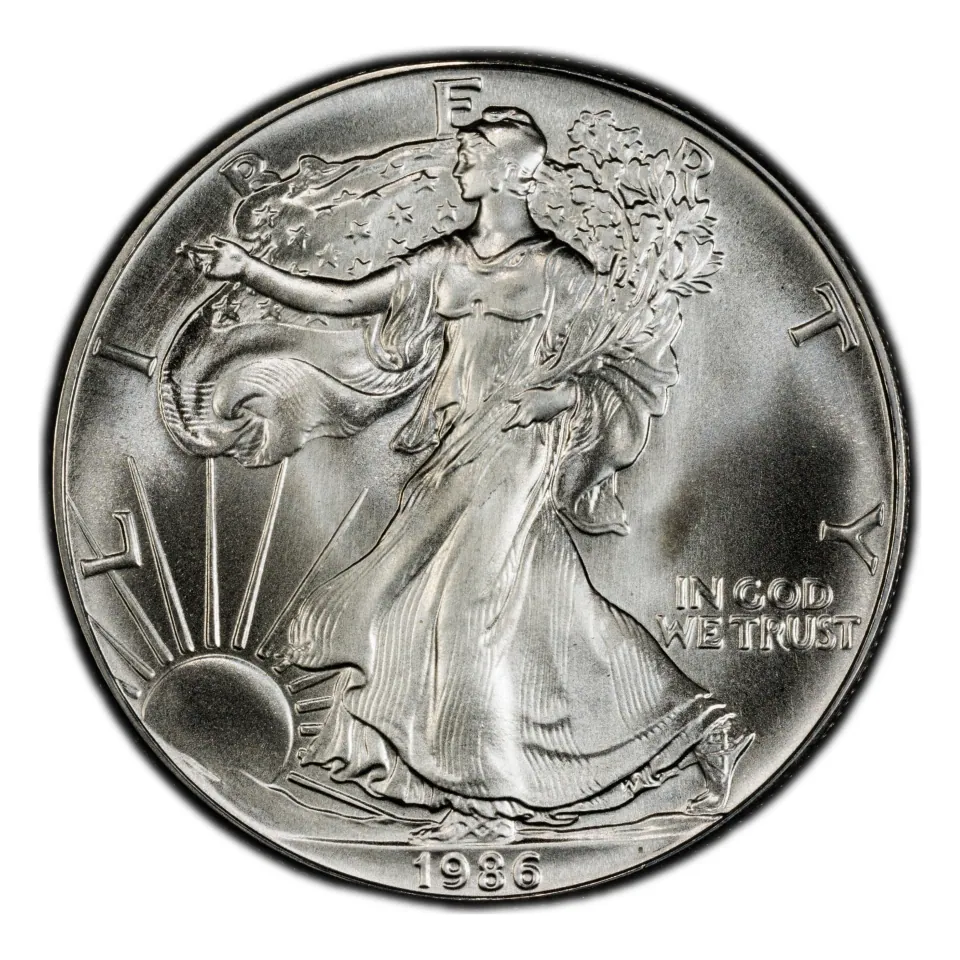 1986 American Silver Eagle obverse: Walking Liberty and the first-year date.