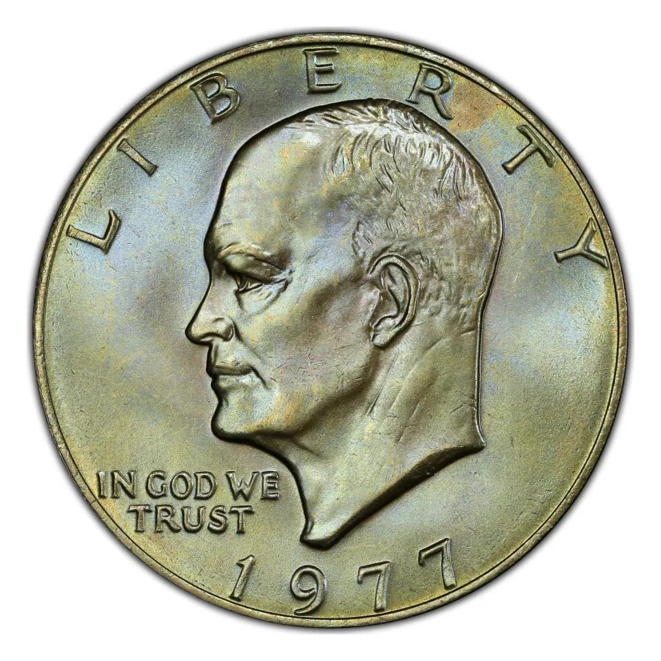 1977 Philadelphia Eisenhower dollar: no mint letter below the neck is expected.