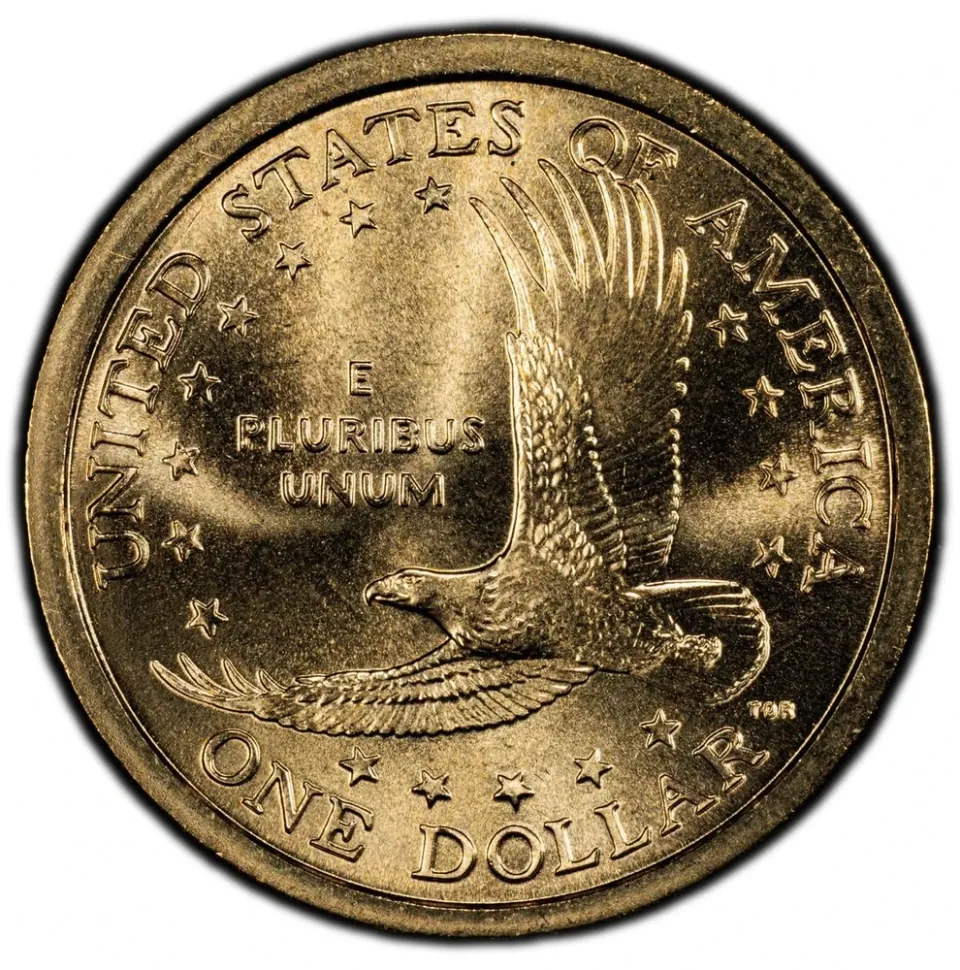 Same ordinary coin · reverse: The eagle flies across the reverse, above ONE DOLLAR.