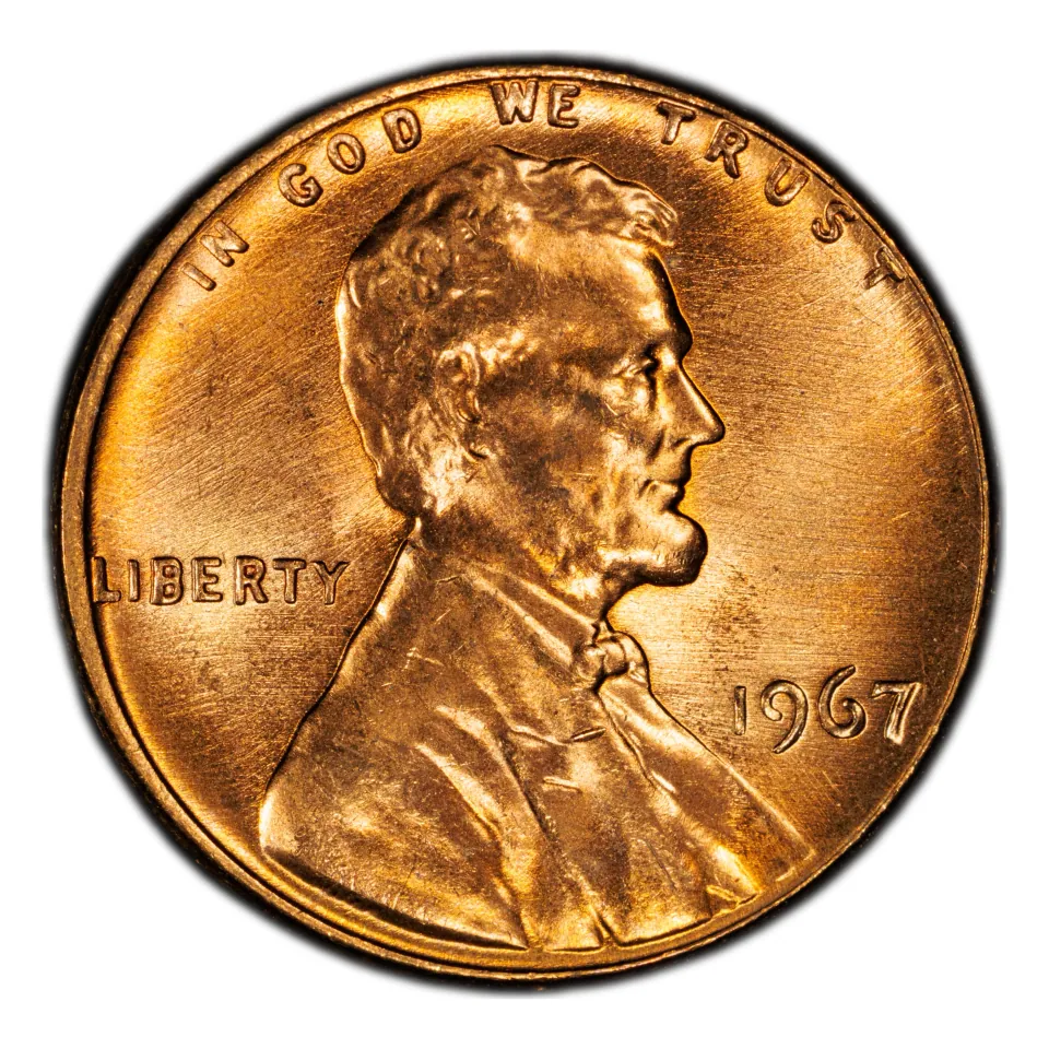 1967 Lincoln cent obverse: the normal issue has no mint letter beneath the date.