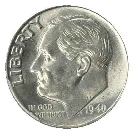 1946 Philadelphia Roosevelt dime obverse: Sinnock’s portrait and the first-year date.