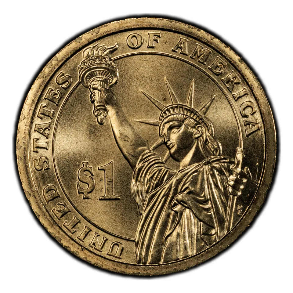 Same coin reverse: the Statue of Liberty and $1 identify the denomination.