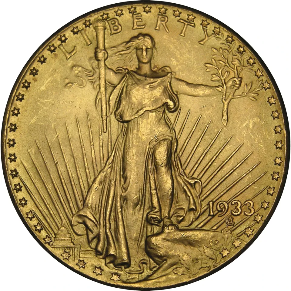 1933 Double Eagle obverse reference: standing Liberty and date. United States coin image from the United States Mint.