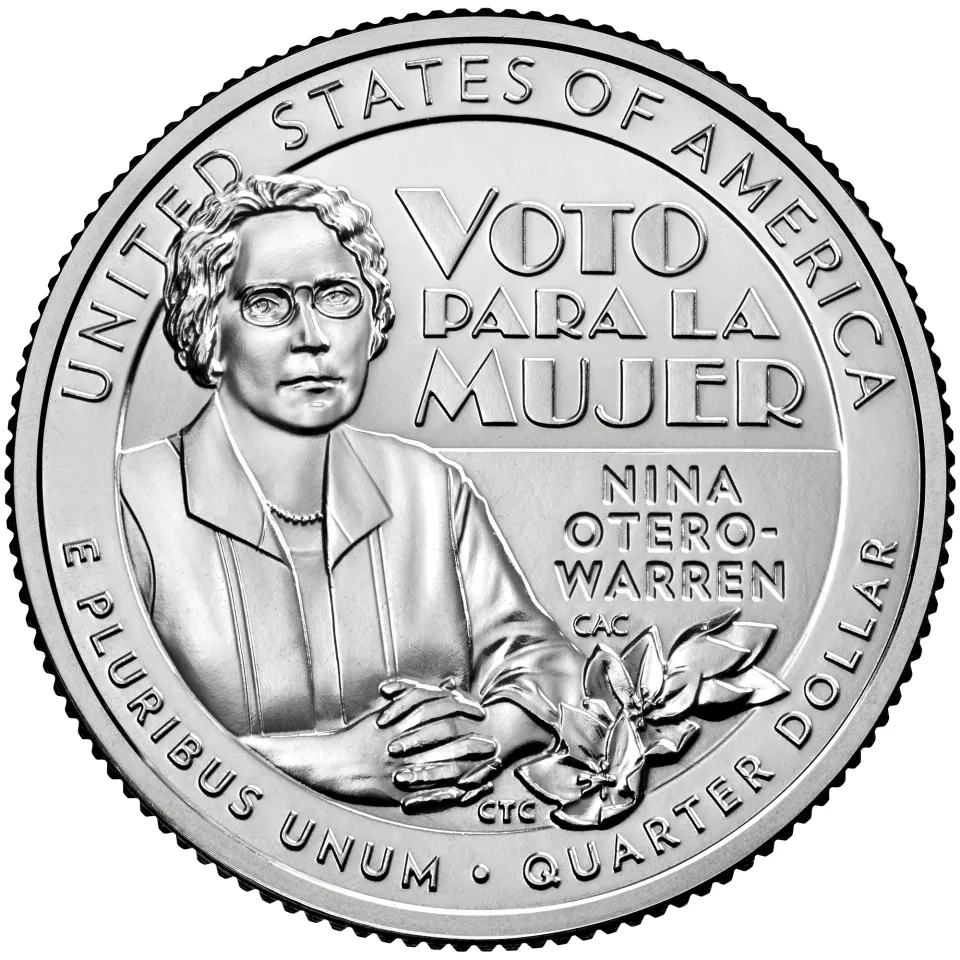 2022 Nina Otero-Warren quarter reverse: A portrait is accompanied by three yucca flowers and Spanish words.