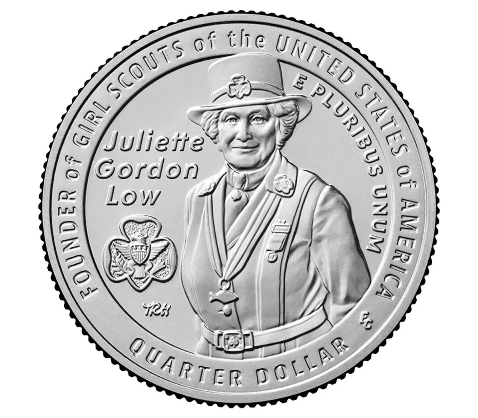 2025 Juliette Gordon Low quarter reverse: Low appears beside the Girl Scout trefoil.