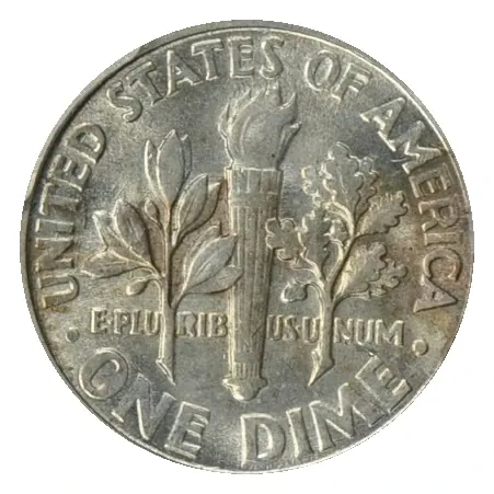 Same 1946 reverse: torch with olive and oak branches; no mint letter is normal for Philadelphia.