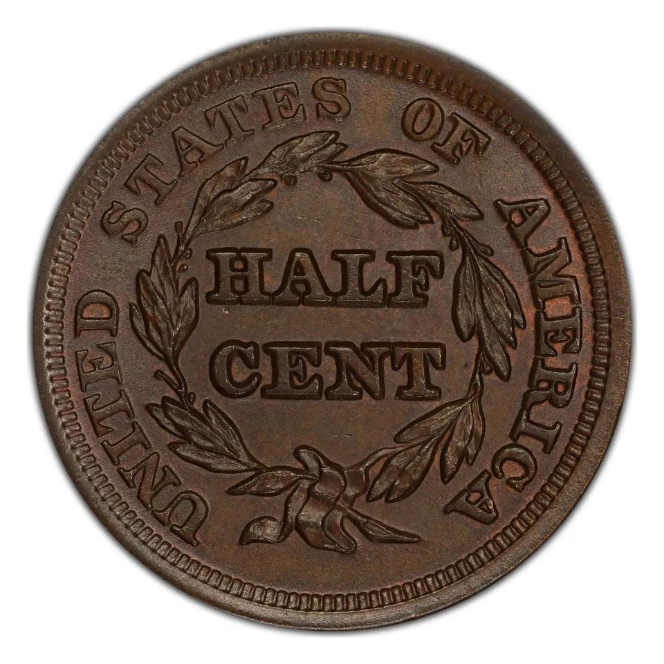 1853 half-cent reverse: HALF CENT inside the wreath distinguishes the denomination.