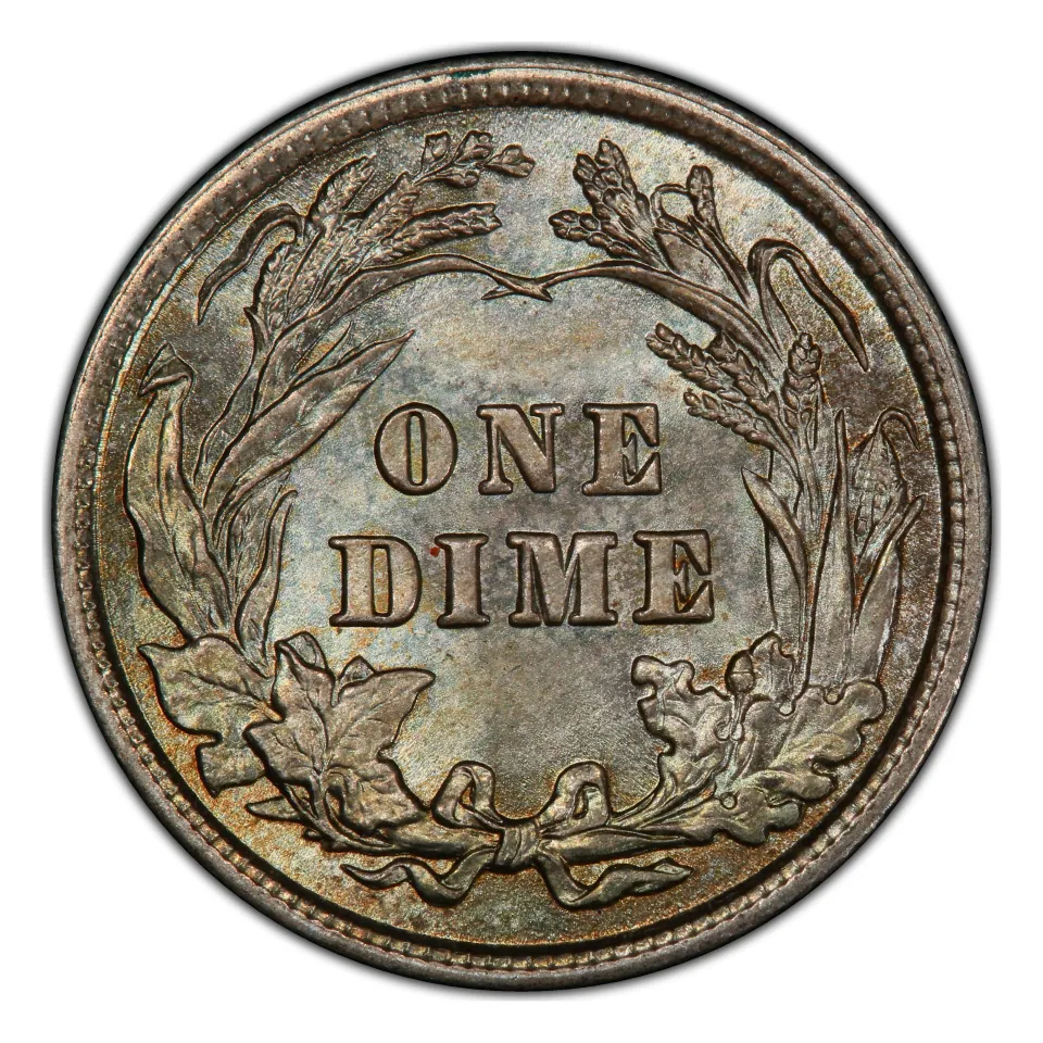 1906 Barber dime reverse: ONE DIME fills the wreath; no mint letter below is normal.