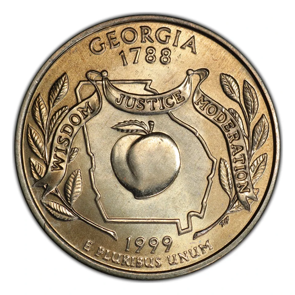 1999 Georgia reverse: peach, state outline and 1788 statehood inscription.