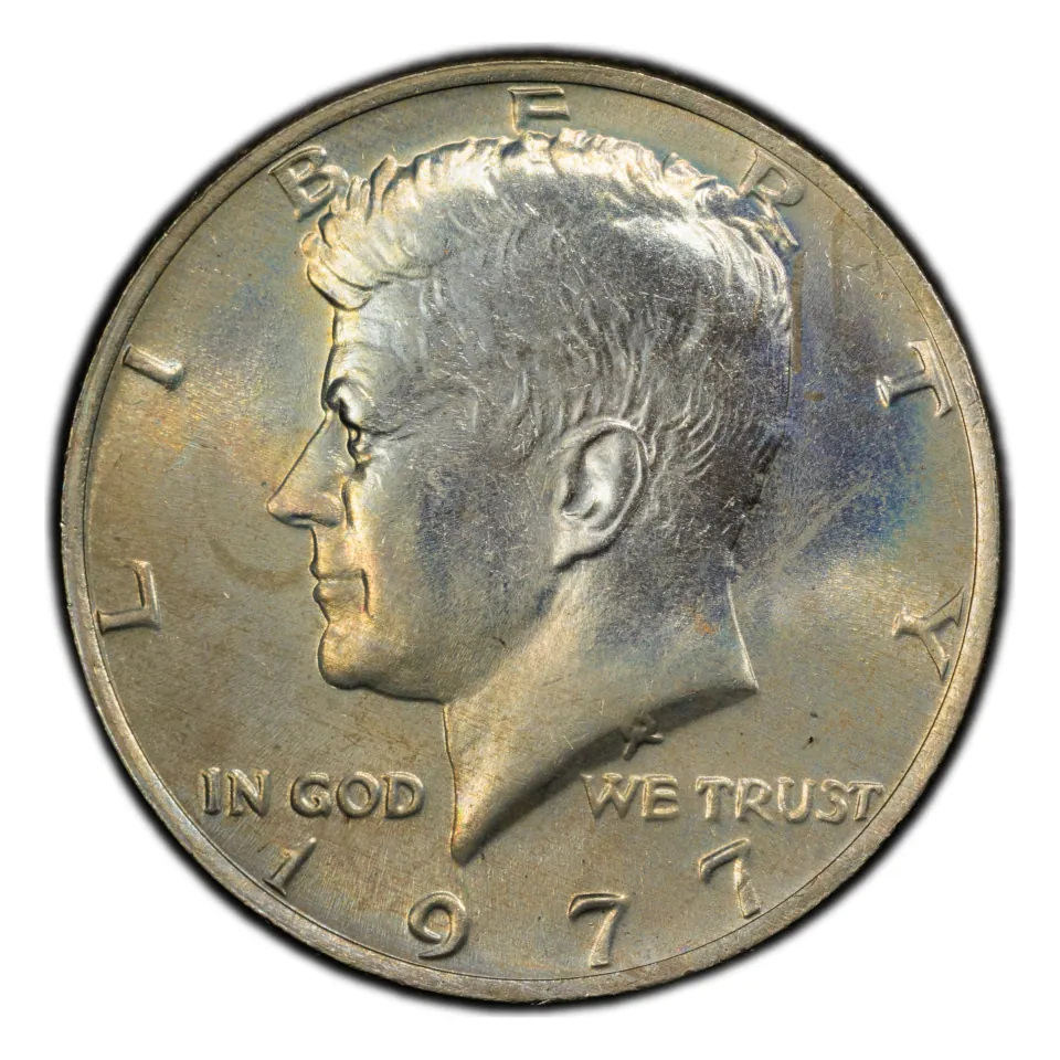 1977 Philadelphia Kennedy half-dollar obverse: no mint mark above the date is normal.