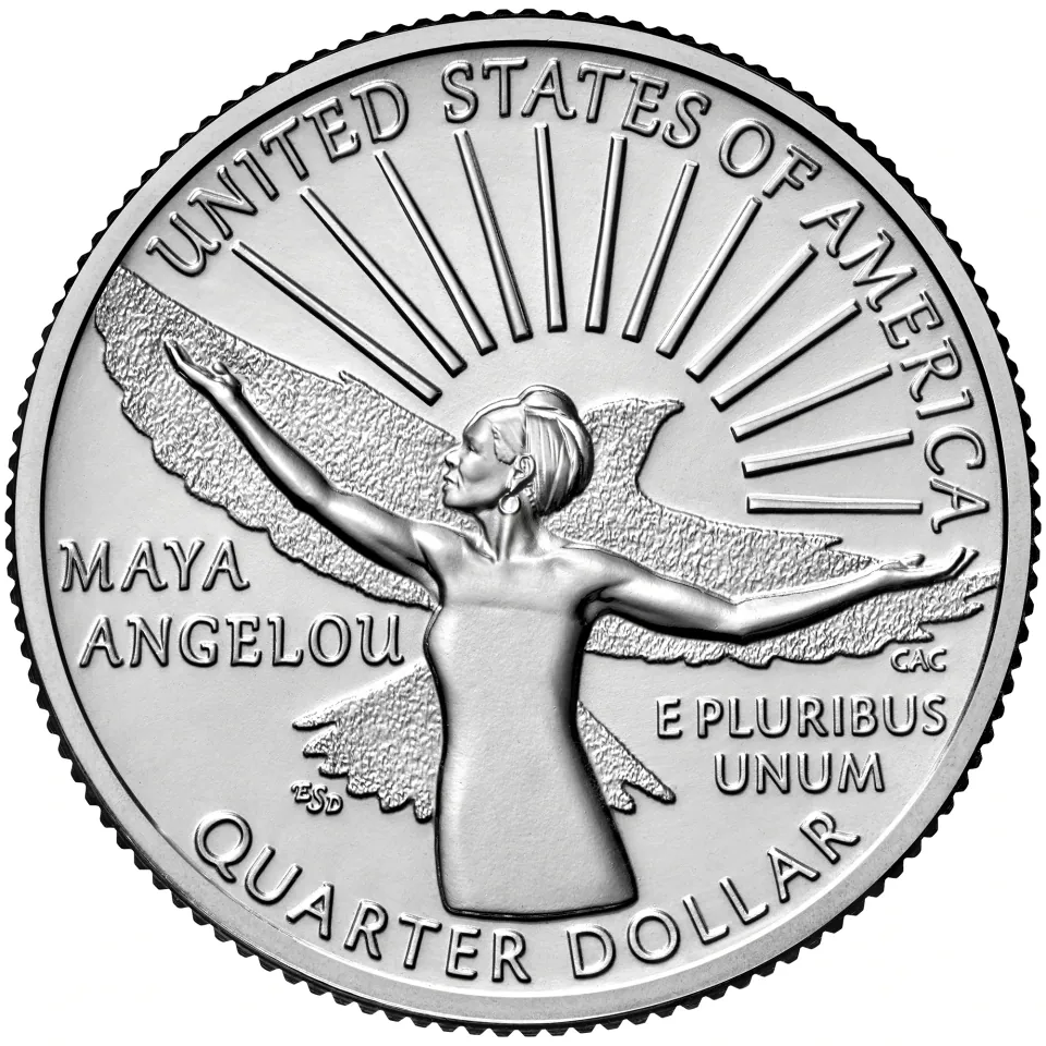 2022 Maya Angelou quarter reverse: Angelou raises her arms beneath a bird and sun.