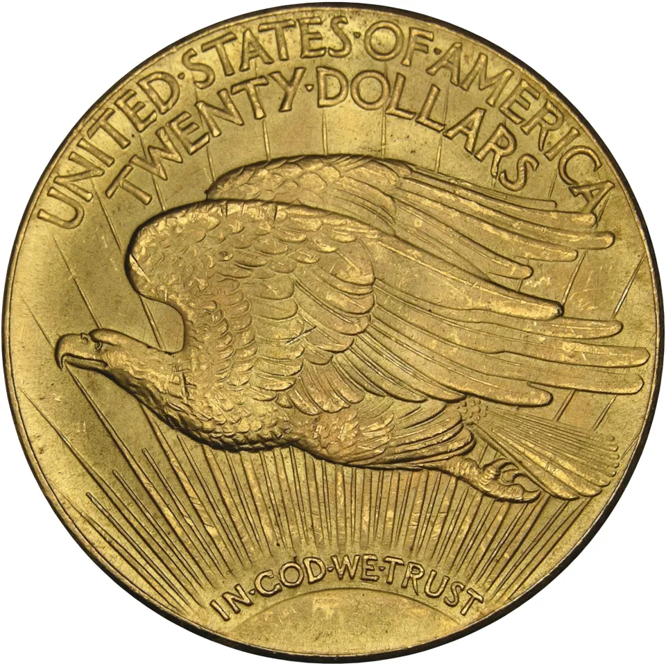 1933 Double Eagle reverse reference: flying eagle and TWENTY DOLLARS. United States coin image from the United States Mint.