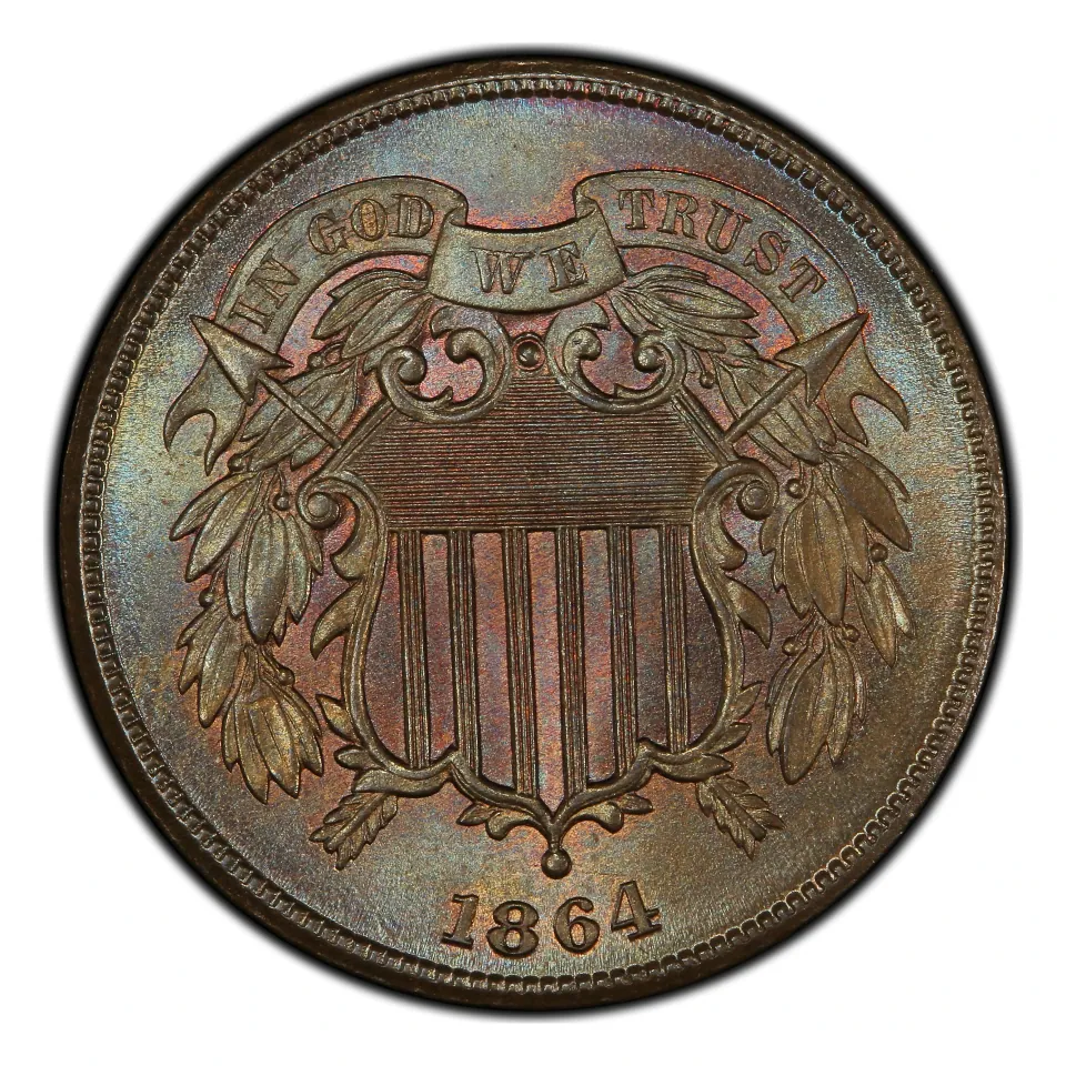 1864 Large Motto two-cent piece: shield, motto and date.