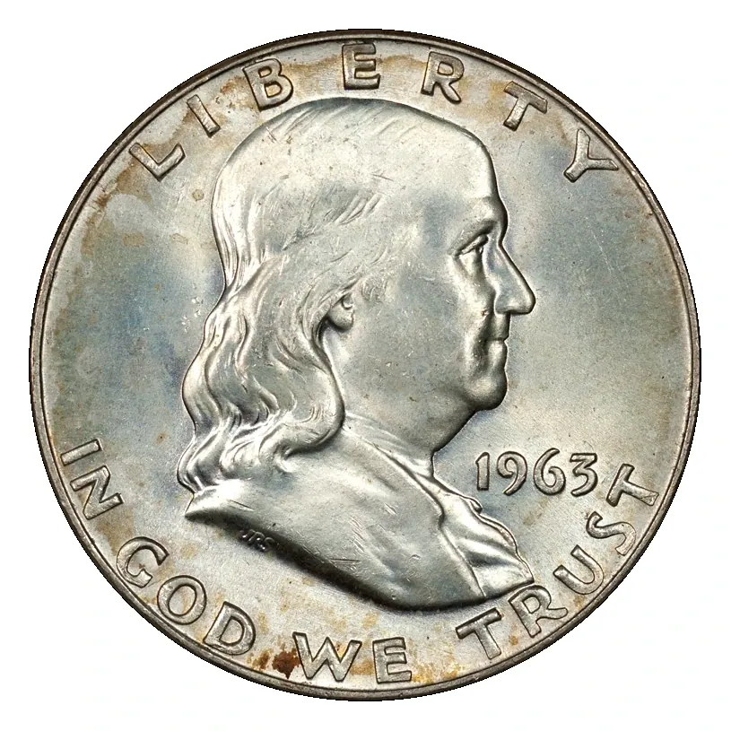 1963-D Franklin half obverse: Franklin’s portrait and the full date.