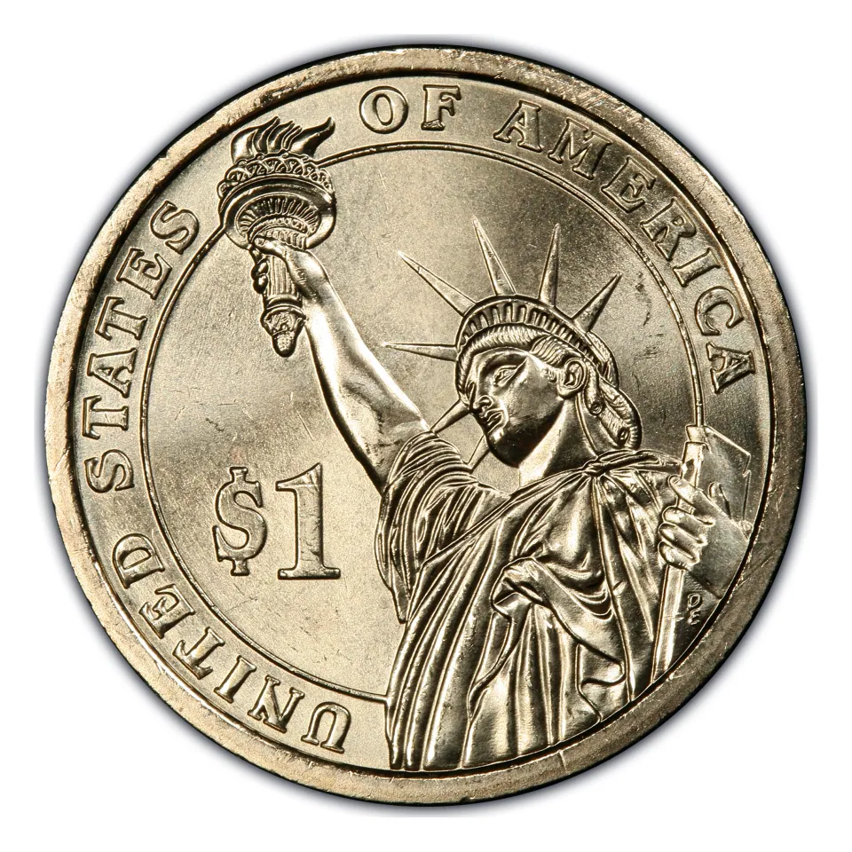 Same Presidential dollar reverse: Statue of Liberty; face photos do not show the edge lettering.