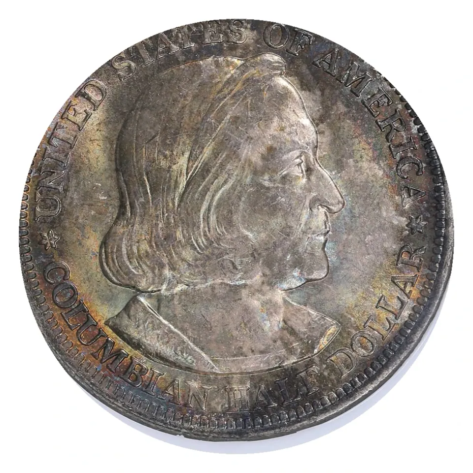 1893 Columbian half dollar obverse: Columbus portrait and COLUMBIAN HALF DOLLAR; original visible toning retained.