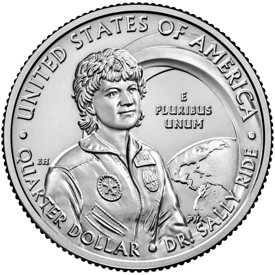2022 Dr. Sally Ride quarter reverse: Ride stands beside a space-shuttle window overlooking Earth.