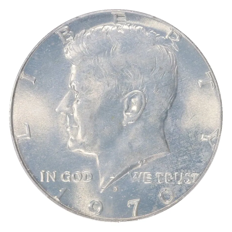 1970-D Kennedy obverse: D is below the portrait and above the date.