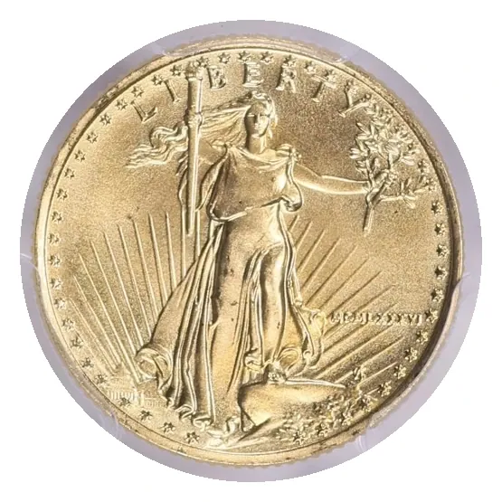 1986 tenth-ounce Gold Eagle obverse: Liberty and the intentional Roman numeral date MCMLXXXVI.