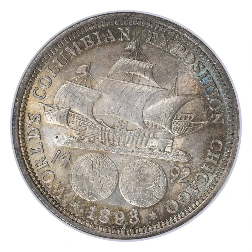 Same Columbian reverse: ship, globes and 1893 date; the coin is a half dollar, not a silver dollar.