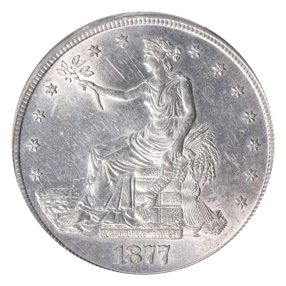1877-S Trade dollar obverse: seated Liberty and the full date.
