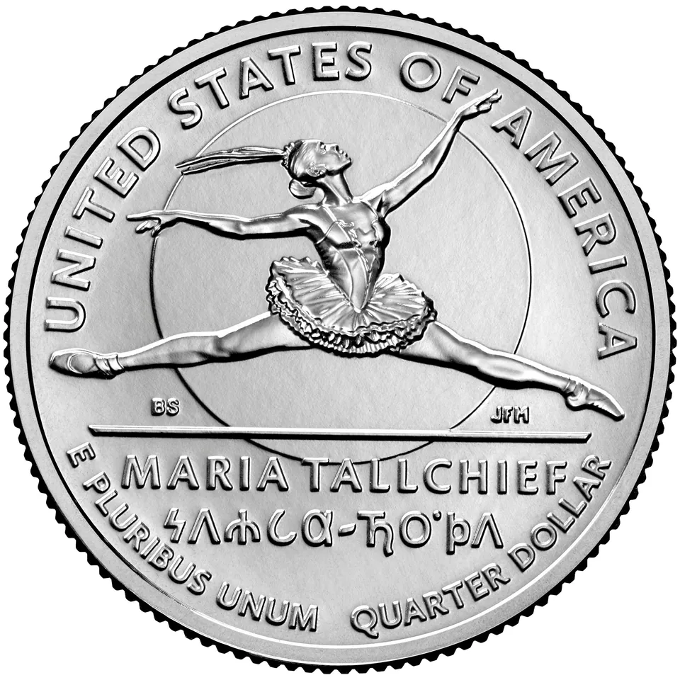 2023 Maria Tallchief quarter reverse: Tallchief dances before other ballet figures.