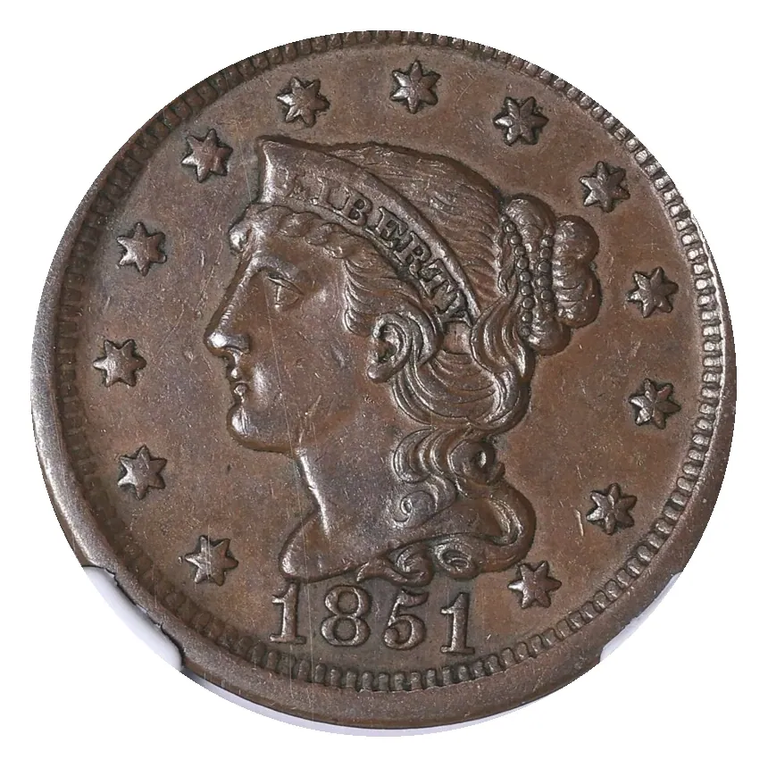 1851 Braided Hair large cent obverse: Liberty portrait, stars and date; natural brown copper.