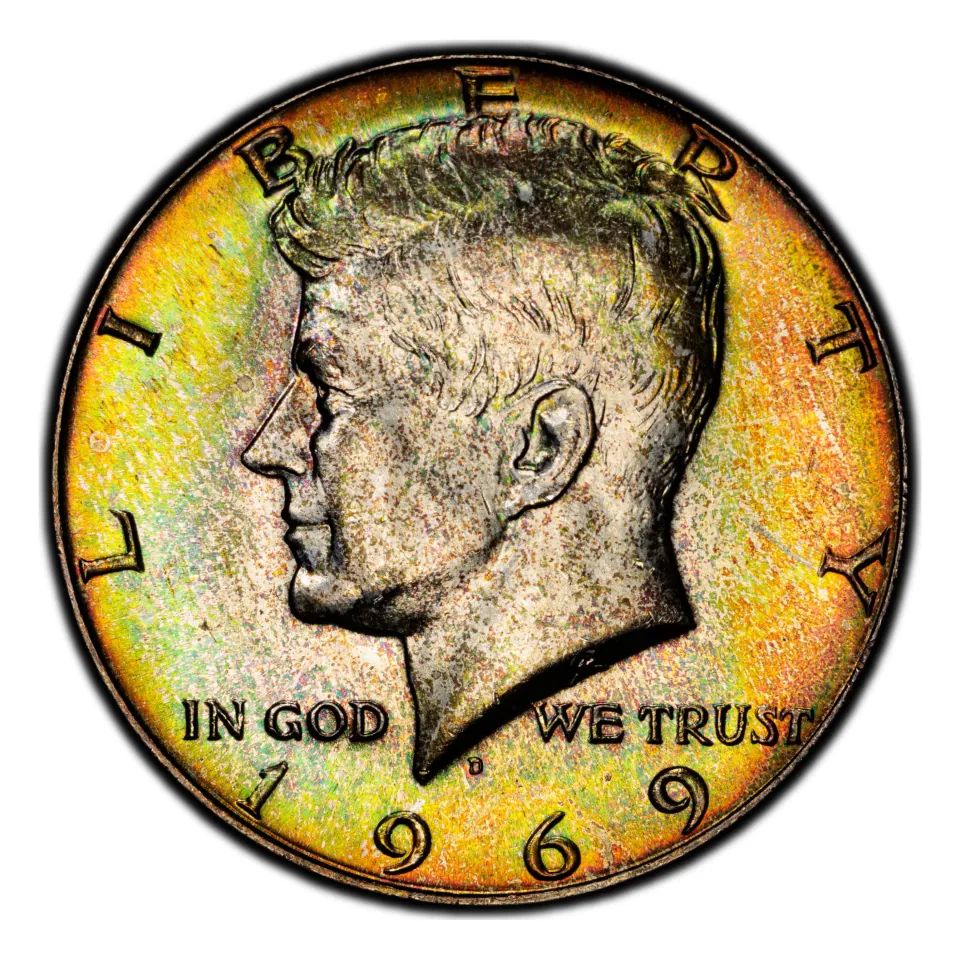 1969-D Kennedy obverse: the D is below the neck and above the date.